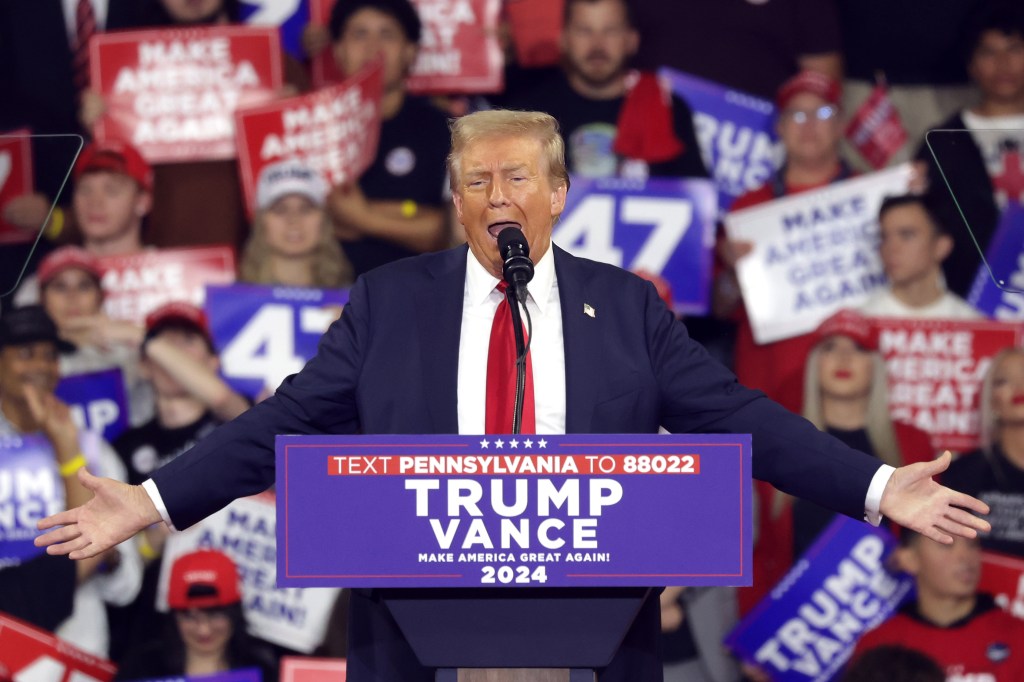 Republican presidential nominee, former U.S. President Donald Trump speaks at a campaign rally at the Santander Arena on October 9, 2024 in Reading, Pennsylvania.