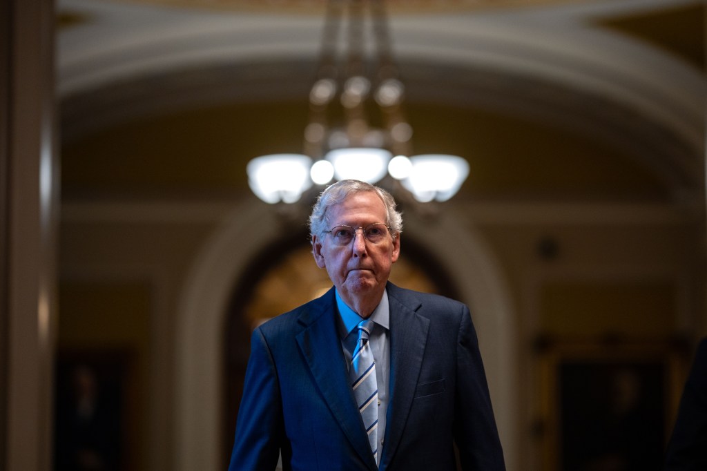 Mitch McConnell walking from the Senate Chamber to his office at the U.S. Capitol in Washington, DC on September 25, 2024, amidst discussions on government funding bill