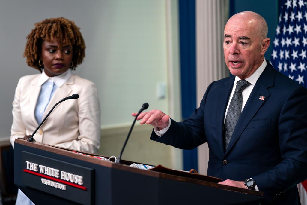 White House Press Secretary Karine Jean-Pierre listens as Secretary of Homeland Security Alejandro Mayorkas takes questions during the daily press briefing at the White House on October 1, 2024 in Washington, DC.