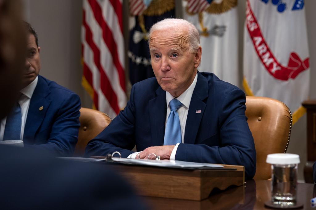 President Joe Biden meets with members of his cabinet as they meet about the ongoing response efforts to Hurricane Helene in the Roosevelt Room of the White House on October 1, 2024 in Washington, DC. 