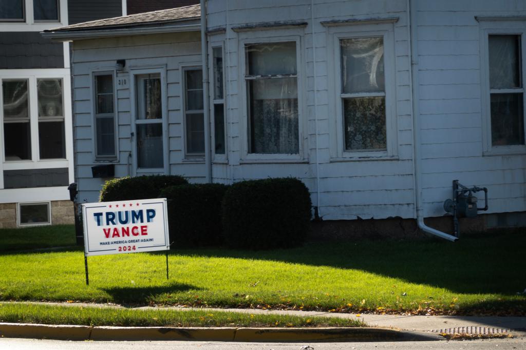 Yard sign supporting Republican presidential nominee, Donald Trump, in Waunakee, Wisconsin on October 1, 2024.