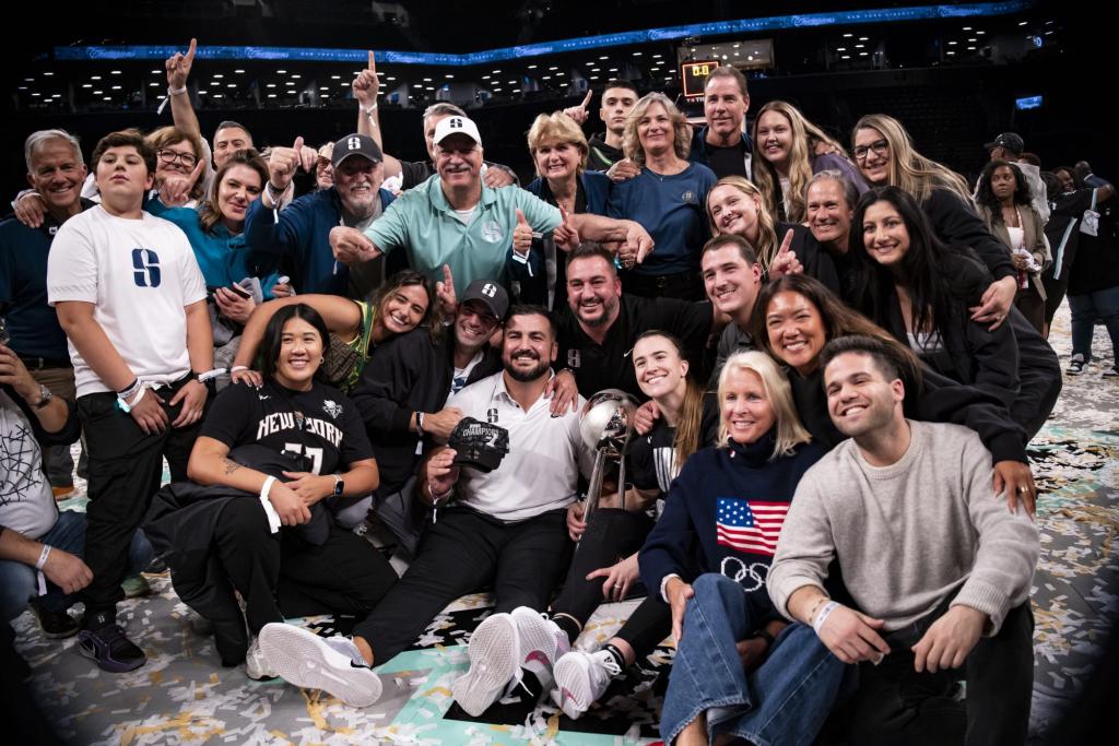 Sabrina Ionescu #20 celebrating after New York Liberty's victory over Minnesota Lynx in the 2024 WNBA Finals at Barclays Center