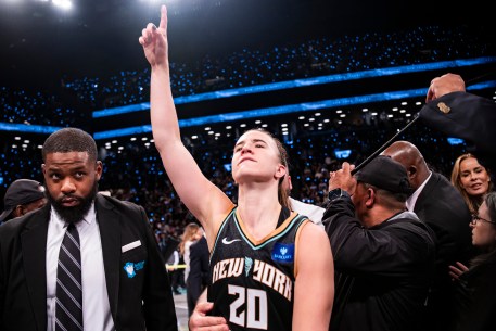 Sabrina Ionescu celebrates the Liberty's WNBA championship on Oct. 20, 2024.