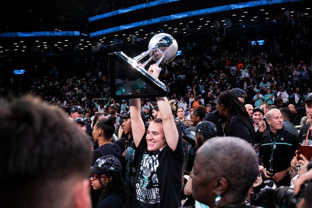 WNBA Finals G5- Minnesota Lynx vs. New York Liberty at Barclays Center- Sabrina Ionescu #20 of the New York Liberty celebrates as the New York Liberty defeat Minnesota Lynx during Game 5 of the 2024 WNBA Finals to win their first championship  at Barclays Center. 