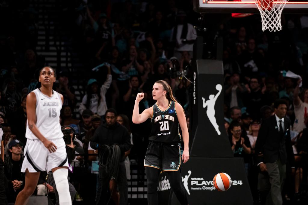 Sabrina Ionescu #20 of the New York Liberty reacting during the 2024 WNBA Playoffs against the Las Vegas Aces at Barclays Center