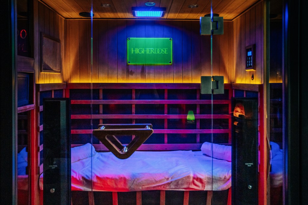 Interior view of Higher Dose flagship location at the Howard Hotel, showcasing the Full Spectrum Infrared Sauna in Manhattan, captured in 2024.