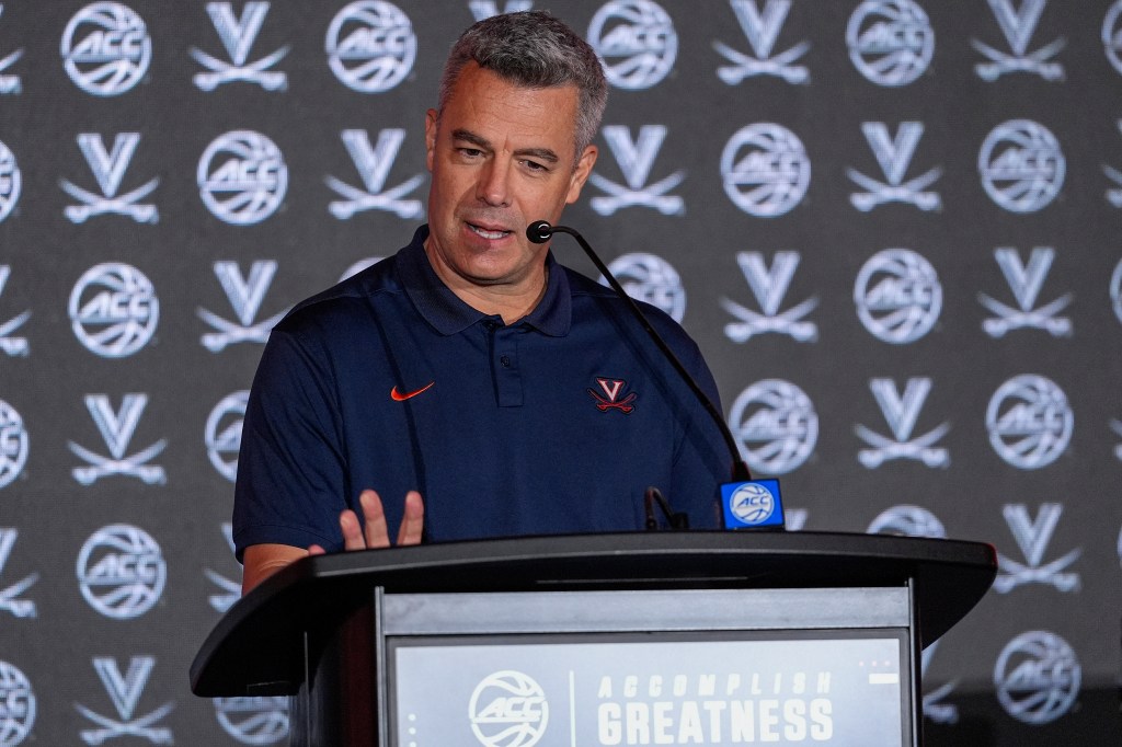 Virginia head coach Tony Bennett answers questions from the media at The Hilton Charlotte Uptown.