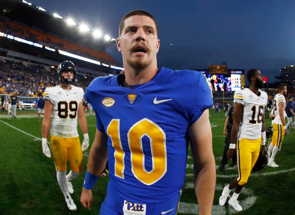 Pittsburgh Panthers quarterback Eli Holstein (10) reacts after defeating the California Golden Bears at Acrisure Stadium. 