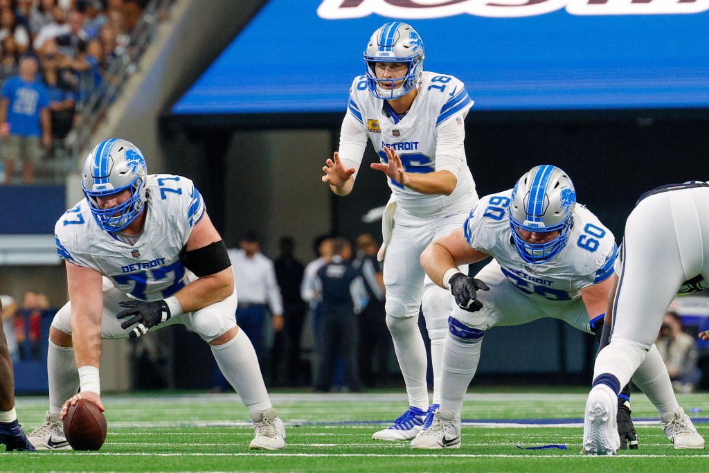 Detroit Lions quarterback Jared Goff (16) sets up in the shotgun during the second quarter against the Dallas Cowboys at AT&T Stadium.