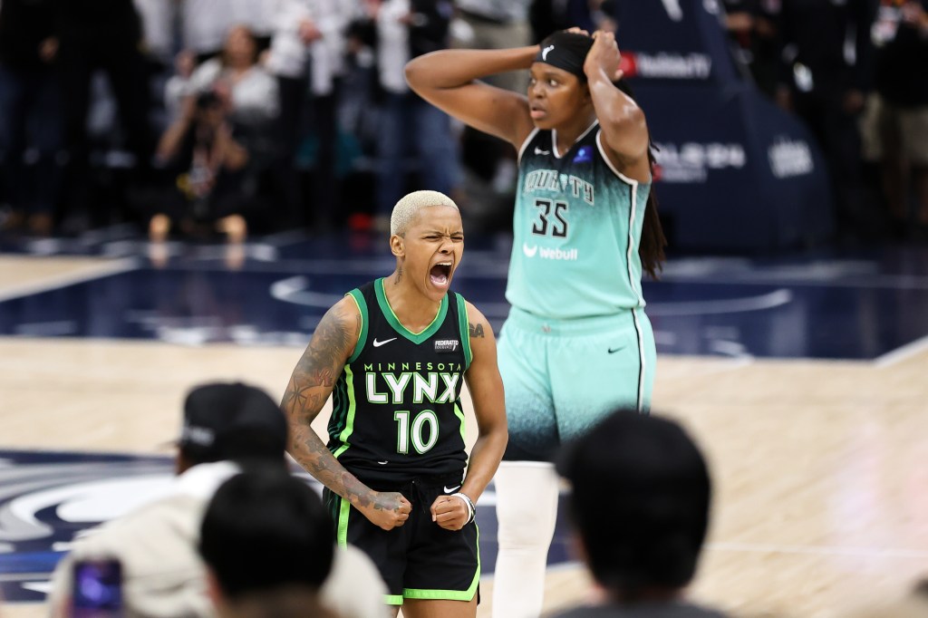 Minnesota Lynx guard Courtney Williams (10) celebrates against the New York Liberty during the second half of game four of the 2024 WNBA Finals at Target Center. 