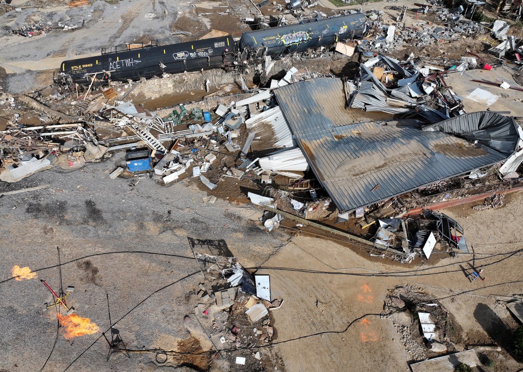 An aerial view of flood damage from Helene in Asheville on Oct. 4, 2024.