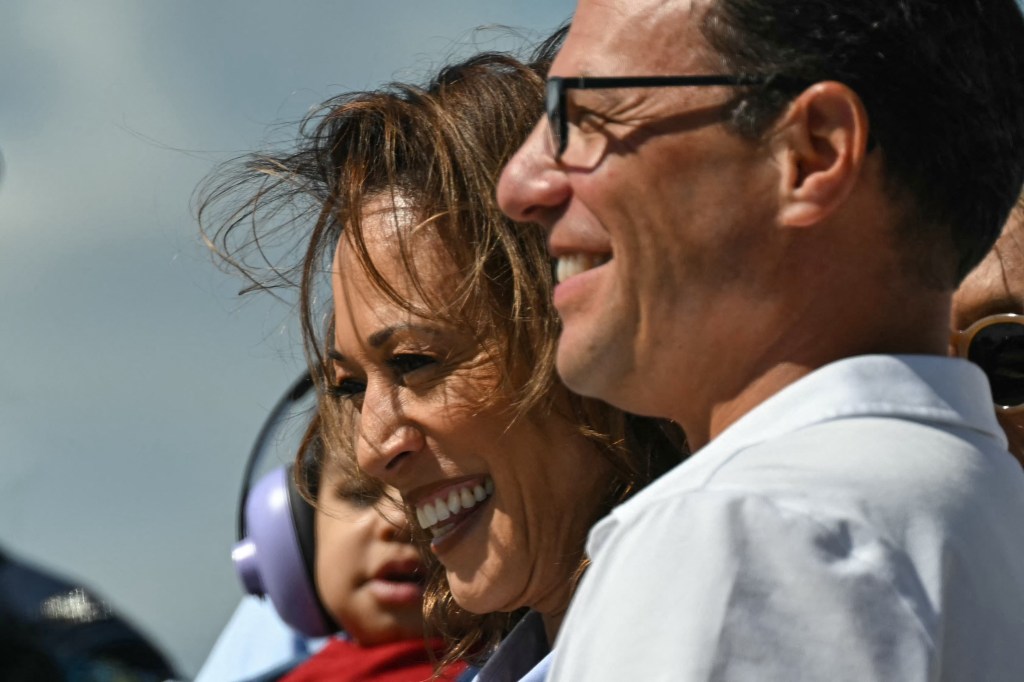 Pennsylvania Governor Josh Shapiro greeting Vice President Kamala Harris at Pittsburgh International Airport on September 2, 2024