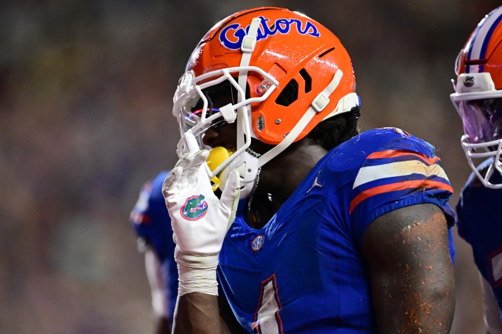 Montrell Johnson Jr. #1 of the Florida Gators reacts after scoring a touchdown in the second quarter against the UCF Knights at Ben Hill Griffin Stadium on October 05, 2024 in Gainesville, Florida.