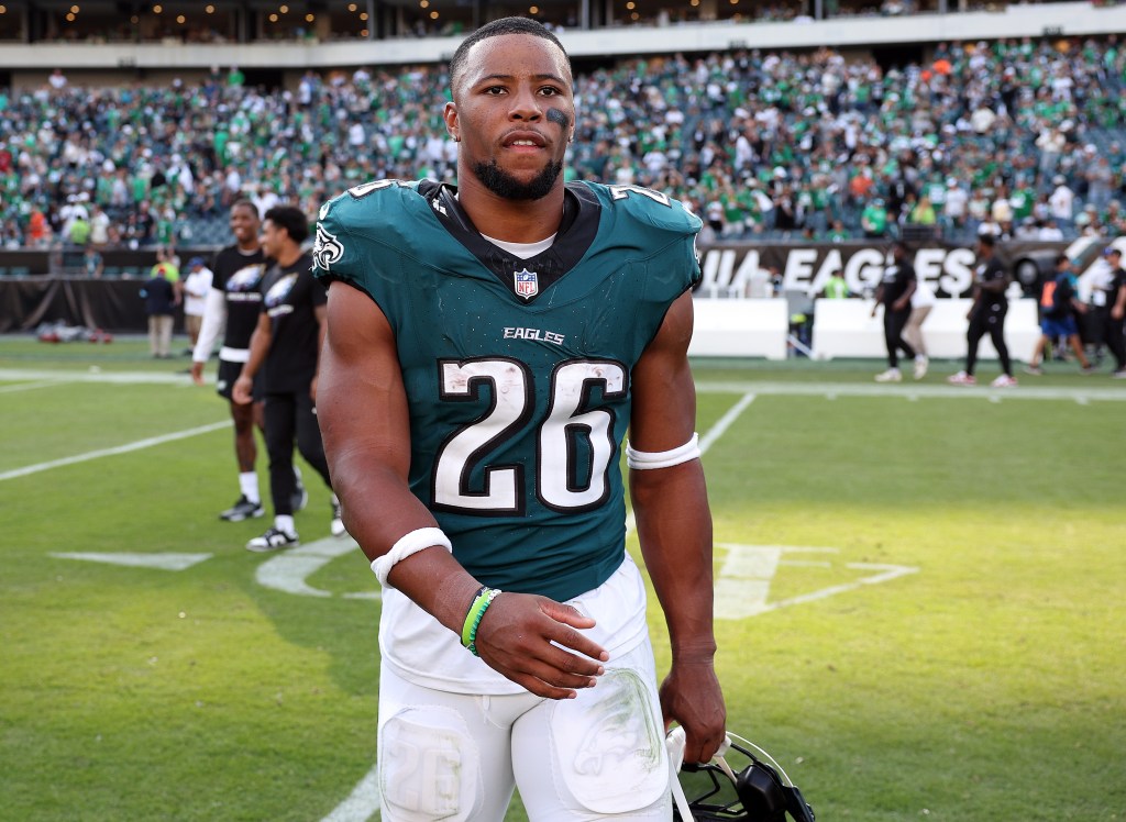 Saquon Barkley #26 of the Philadelphia Eagles looks on after their 20-16 win over the Cleveland Browns at Lincoln Financial Field on October 13, 2024 in Philadelphia, Pennsylvania. 