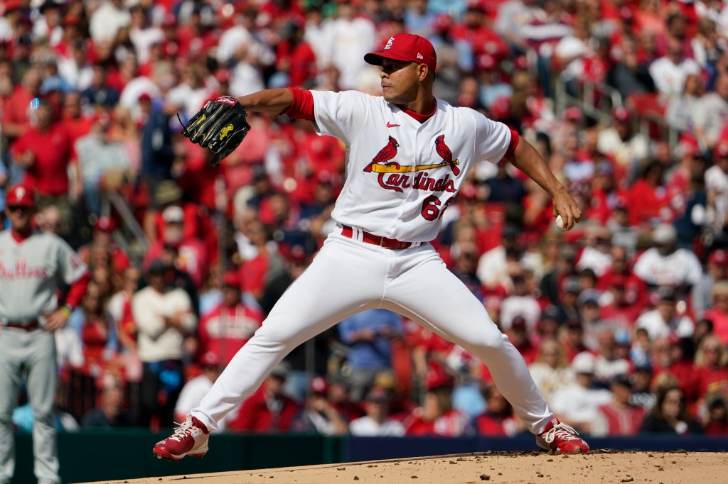 St. Louis Cardinals pitcher Jose Quintana throwing a ball during the first inning of a National League wild card playoff series against the Philadelphia Phillies