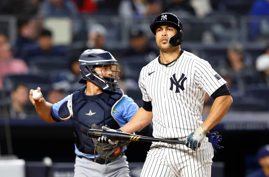 New York Yankees designated hitter Giancarlo Stanton (27) reacts after he strikes out swinging during the 6th inning of baseball game at Yankee Stadium. Friday, April 19, 2024 in New York.