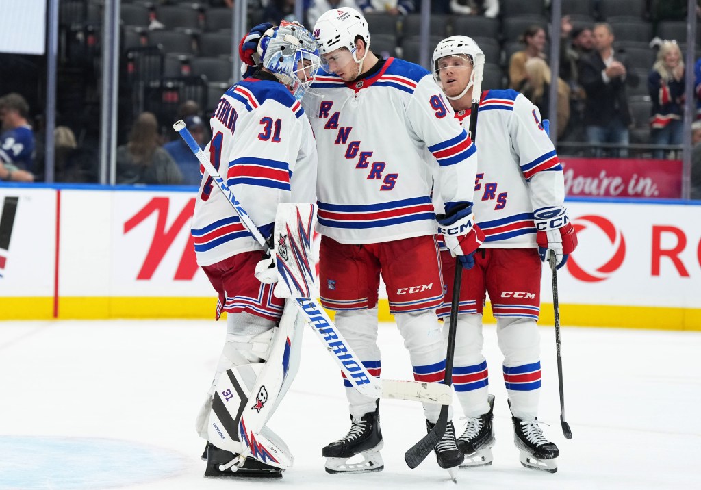 Oct 19, 2024; Toronto, Ontario, CAN; New York Rangers goaltender Igor Shesterkin (31) celebrates with defenseman Victor Mancini (90) after defeating the Toronto Maple Leafs at Scotiabank Arena. Mandatory Credit: Nick Turchiaro-Imagn Images
NHL: New York Rangers at Toronto Maple Leafs