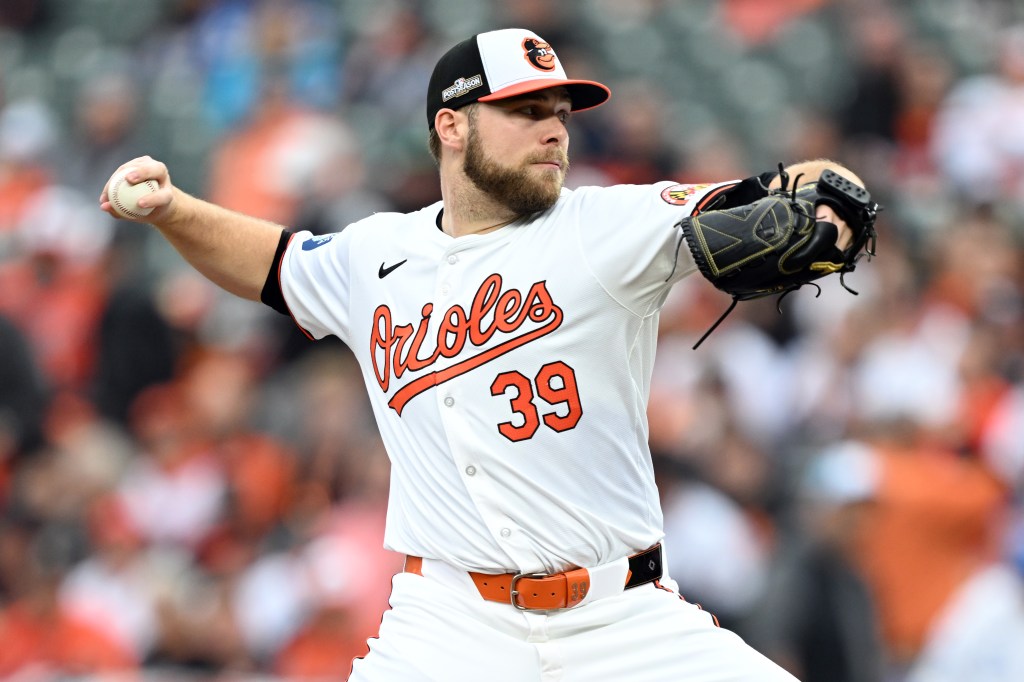 Corbin Burnes of the Orioles pitches in Game 1 of the wild-card round against the Royals on Oct. 1, 2024.