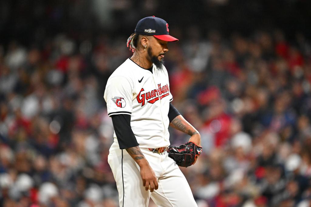 Emmanuel Clase reacts during the Guardians-Yankees game on Oct. 17, 2024. 