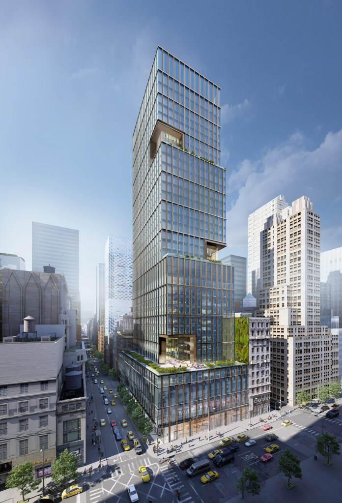 IKEA's upcoming store in a tall glass tower at 570 Fifth Avenue, Midtown Manhattan, under construction