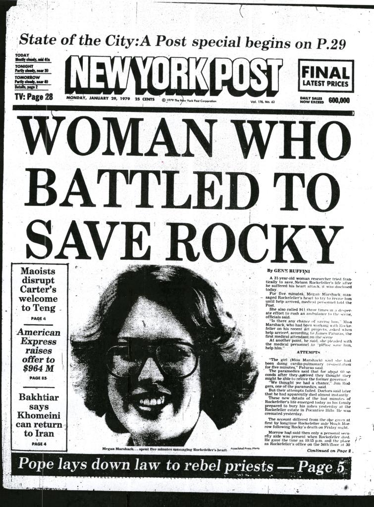 Front page of NY Post from Jan. 29, 1979 featuring the news of Nelson Rockefeller's death and Megan Marshack's efforts to save him.