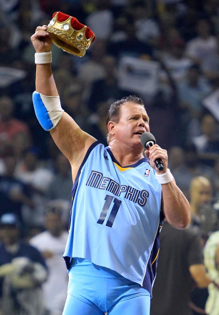 This April 23, 2011 file photo shows professional wrestler Jerry Lawler gesturing to fans before the start of Game 3 of a first-round NBA basketball series between the Memphis Grizzlies and the San Antonio Spurs, in Memphis, Tenn.