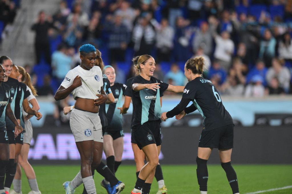 Gotham FC forward Esther Gonzalez (9) celebrates with midfielder Emily Sonnett (6) after scoring a goal during the second half