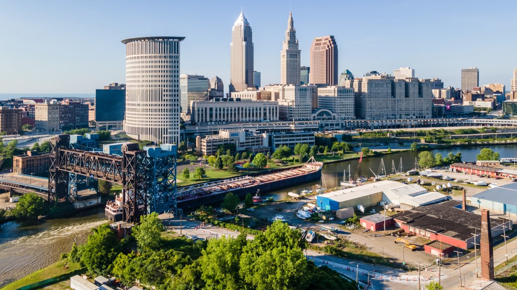 Cleveland Ohio cityscape representing one of the safest cities to live in due to minor hurricane, flood or fire damage risk