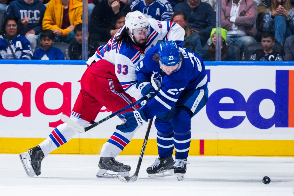 Oct 19, 2024; Toronto, Ontario, CAN; New York Rangers goaltender Igor Shesterkin (31) celebrates with defenseman Victor Mancini (90) after defeating the Toronto Maple Leafs at Scotiabank Arena. Mandatory Credit: Nick Turchiaro-Imagn Images
NHL: New York Rangers at Toronto Maple Leafs