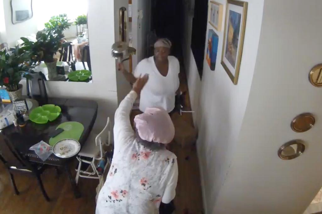 Home security cameras allegedly captured a health aide attacking a 95-year-old woman in her Harlem apartment in July, according to video shared with The Post.