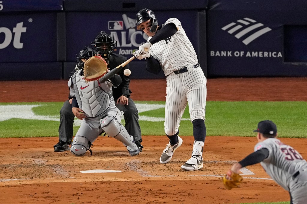 Aaron Judge hits a sacrifice fly of Cade Smith to give the Yankees an early 3-0 lead over the Guardians in Game 2 of the ALCS.