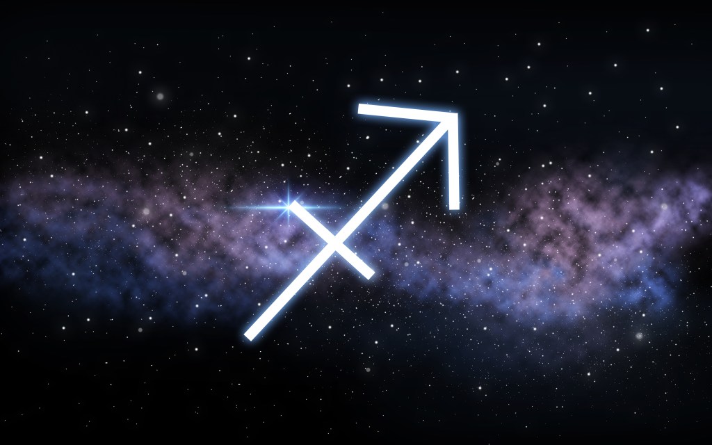 Sagittarius zodiac sign depicted against the backdrop of a dark night sky studded with stars and a distant galaxy