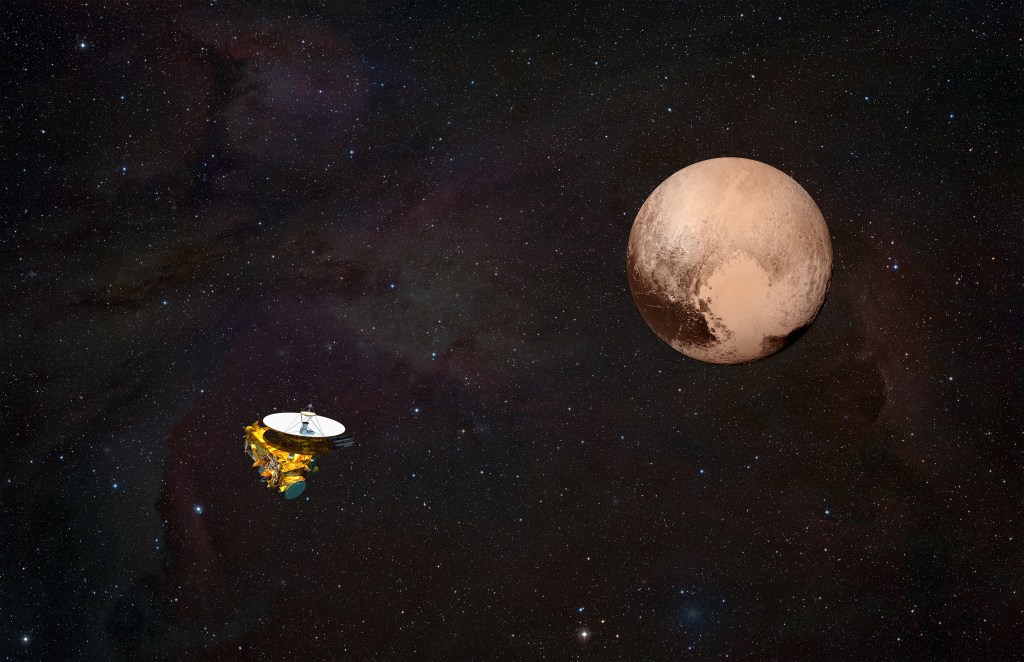 Diagram of New Horizons spacecraft with markings of Pluto, overlaid on a ground-based image of Andromeda Galaxy with four distinct study fields.