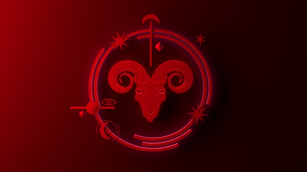 3D illustration of Aries zodiac sign, depicted as a ram head logo, on a fiery red background