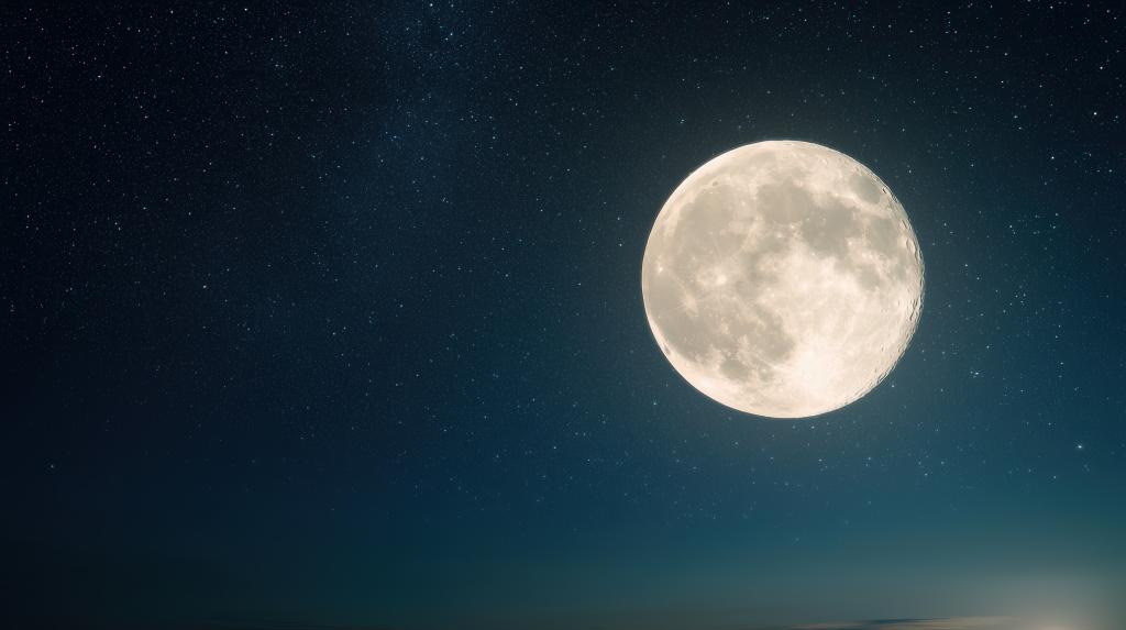 3D illustration of a full moon rising in a tranquil, starry night sky