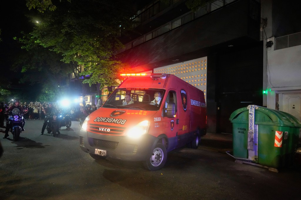 An ambulance carrying the body former One Direction singer Liam Payne leaves the hotel where he was found dead after falling from a balcony in Buenos Aires, Argentina, Wednesday, Oct. 16, 2024. 