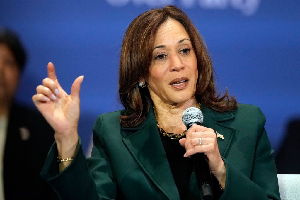 Vice President Kamala Harris holding a microphone at a campaign event with former Rep. Liz Cheney in Brookfield, Wisconsin on October 21, 2024