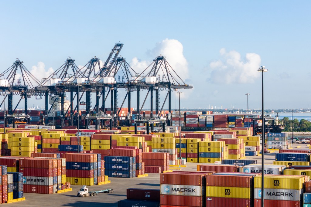 shipping containers are seen at the Port of Houston Authority on September 20, 2024 in Harris County, Texas. 