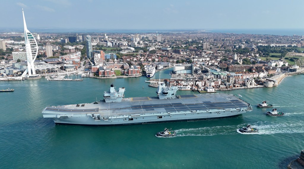 HMS Prince of Wales returns to Portsmouth Harbour after completing Operational Sea Training Tasks in September 20,2024 in Portsmouth, England.