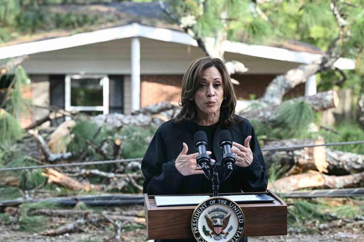 Vice President Kamala Harris speaks after she surveyed the damage from Hurricane Helene, in the Meadowbrook neighborhood of Augusta, Georgia, on October 2, 2024.