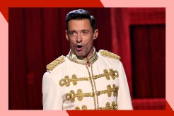 Hugh Jackman sings onstage at the Tony Awards in his "Music Man" garb.