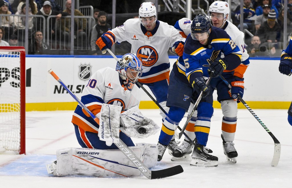 Ilya Sorokin makes one of his 29 saves during the Islanders' loss to the Blues.