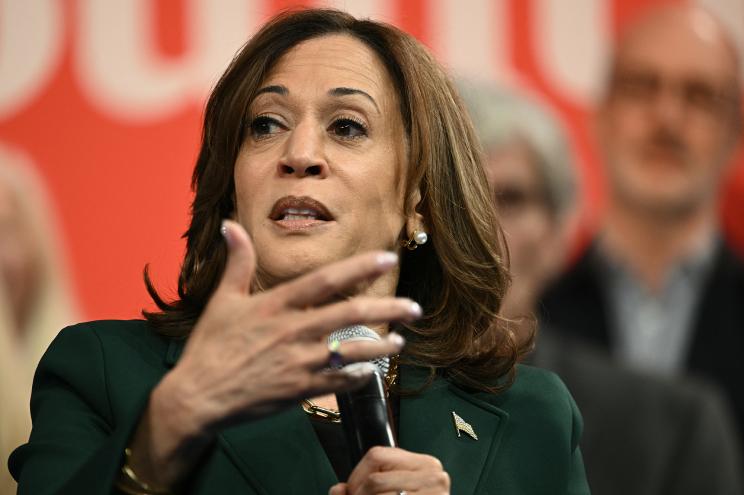 Vice President and Democratic presidential candidate Kamala Harris holds a moderated conversation with Former US Rep. Liz Cheney at People's Light performing arts theater Malvern, Pennsylvania, on October 21, 2024.