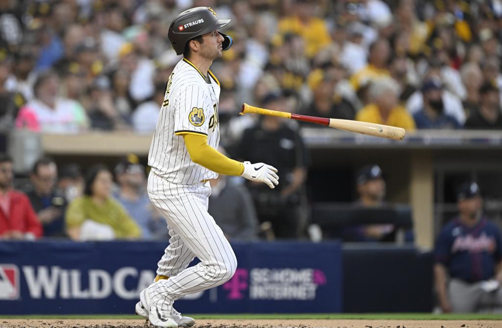 Former Yankee Kyle Higashioka hits a solo home run during the second inning of the Padres' 5-4 NL Wild Card clinching win over the Braves on Oct. 2, 2024.
