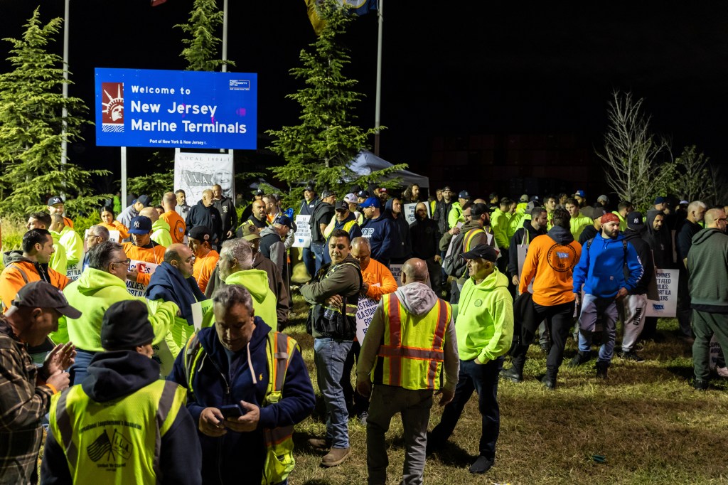 Union workers gather at the Port Newark/Elizabeth-Port Authority Marine Terminal complex on Tuesday Oct. 1, 2024 in New Jersey.