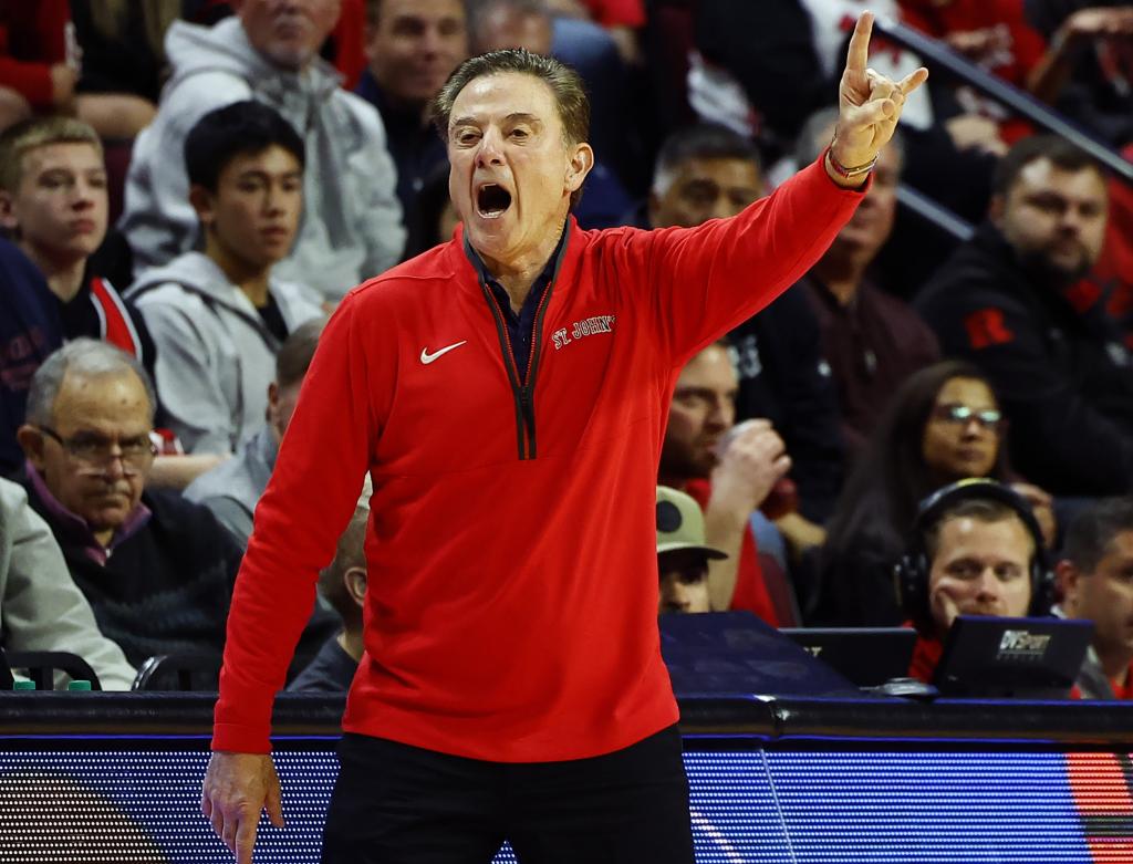 Rick Pitino shouts out instructions during St. John's exhibition win.