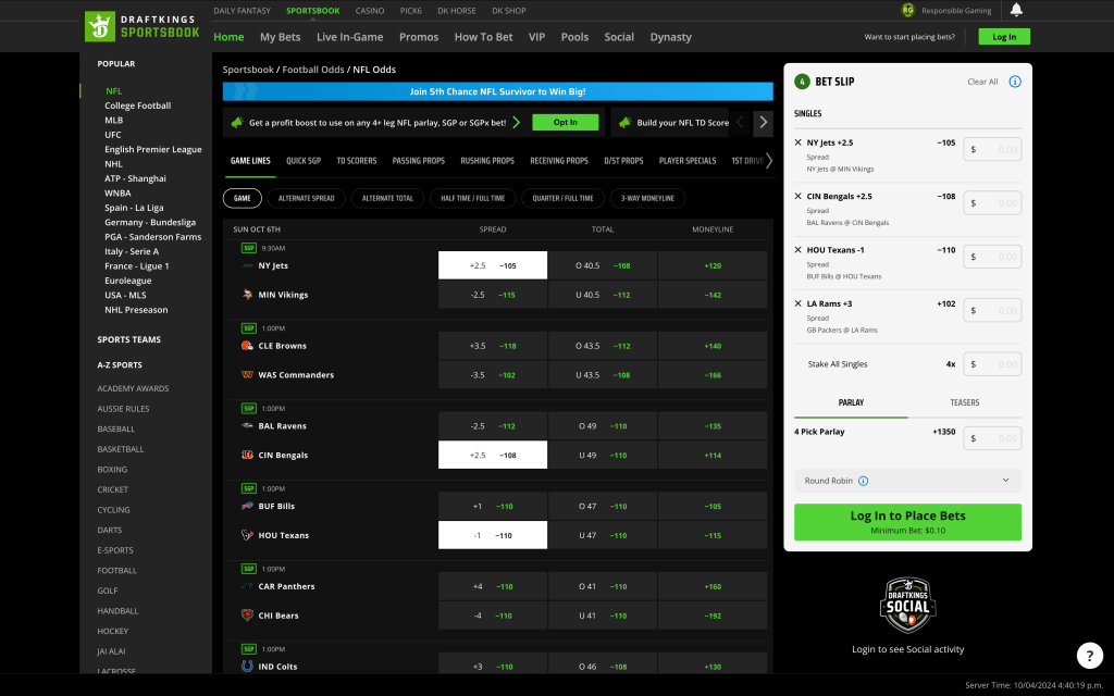 DraftKings Sportsbook desktop website