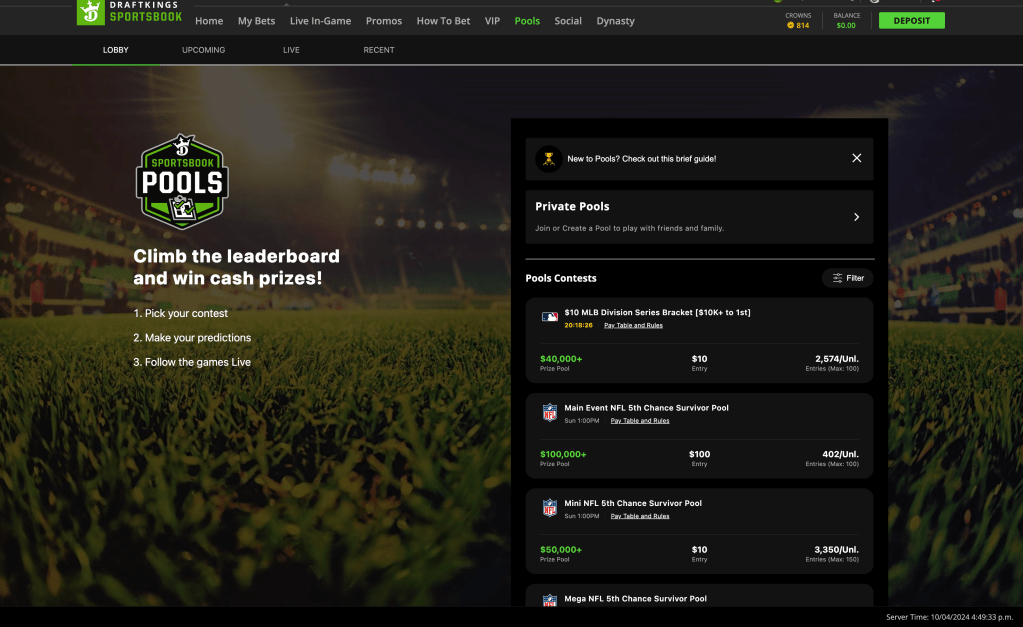 DraftKings Sportsbook desktop website Pools lobby