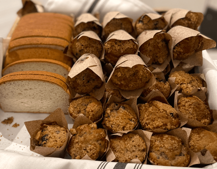 Bread and muffins from the Marriott Marquis breakfast buffet.