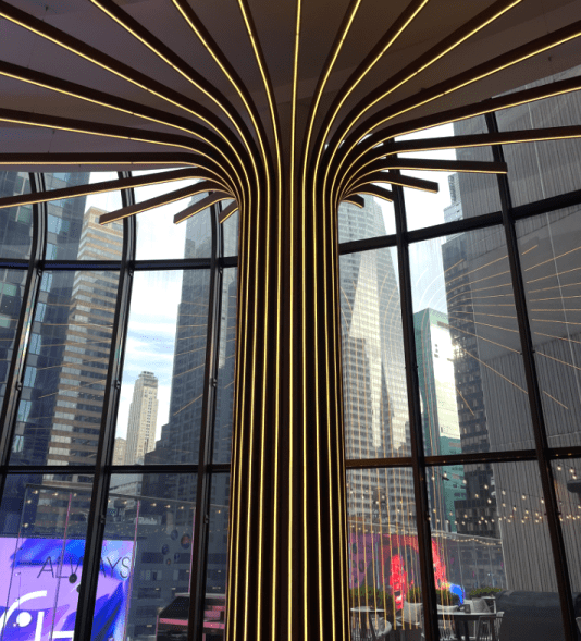 A lit-up pillar at the Broadway Lounge in the Marriott Marquis.